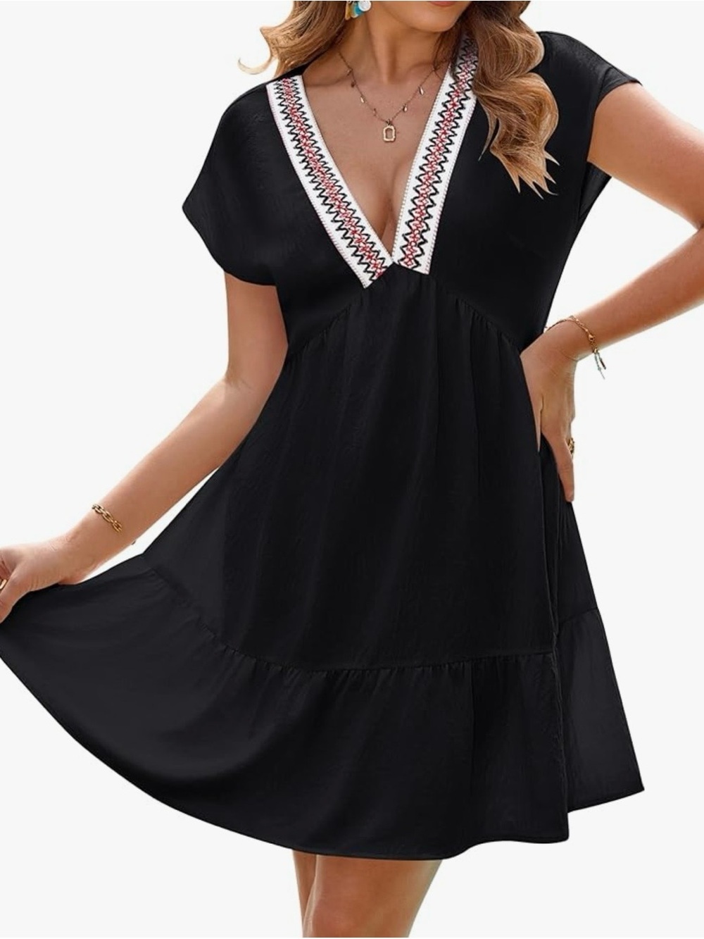 Black Mini Cover Up/Dress ❤️Red & White Embroidered V-Neck Size Medium NEW👒🌴
